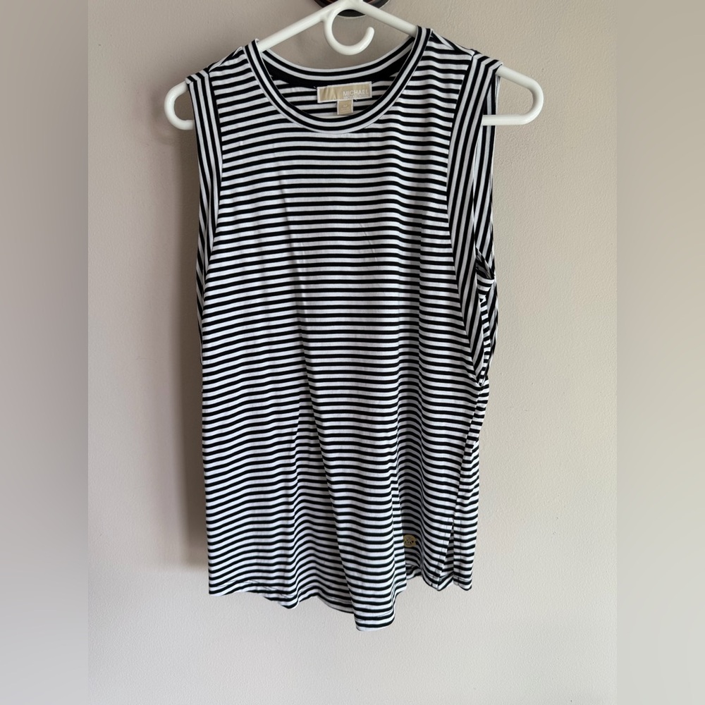 Michael Kors Black and White Striped Muscle Tee